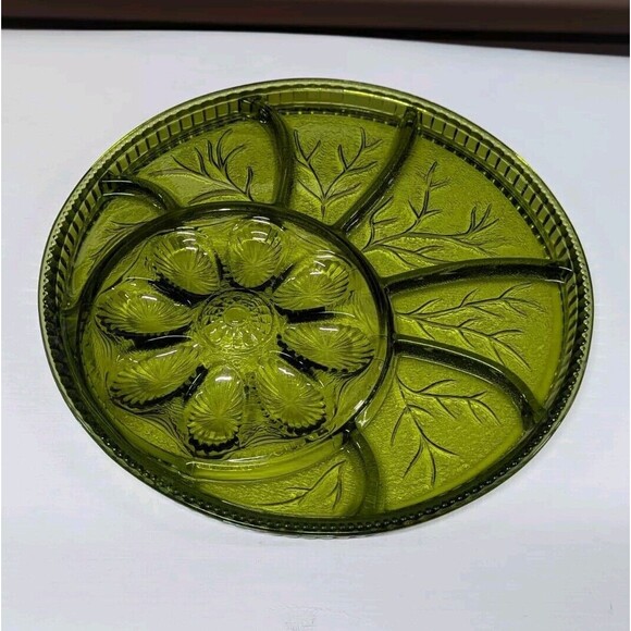 Vintage MCM Indiana Glass Tree of Life Green Deviled Egg & Relish Platter 13” - Picture 3 of 9